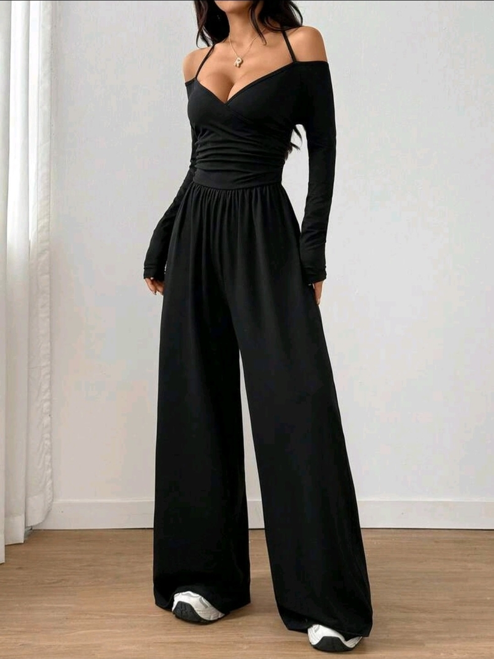 SHEIN Black Off-Shoulder Wide Leg Jumpsuit